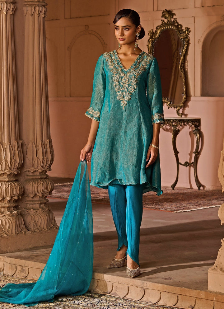 Peacock Blue Embroidered Tissue Kurta Set Zoon Tribe - Fabilicious Fashion