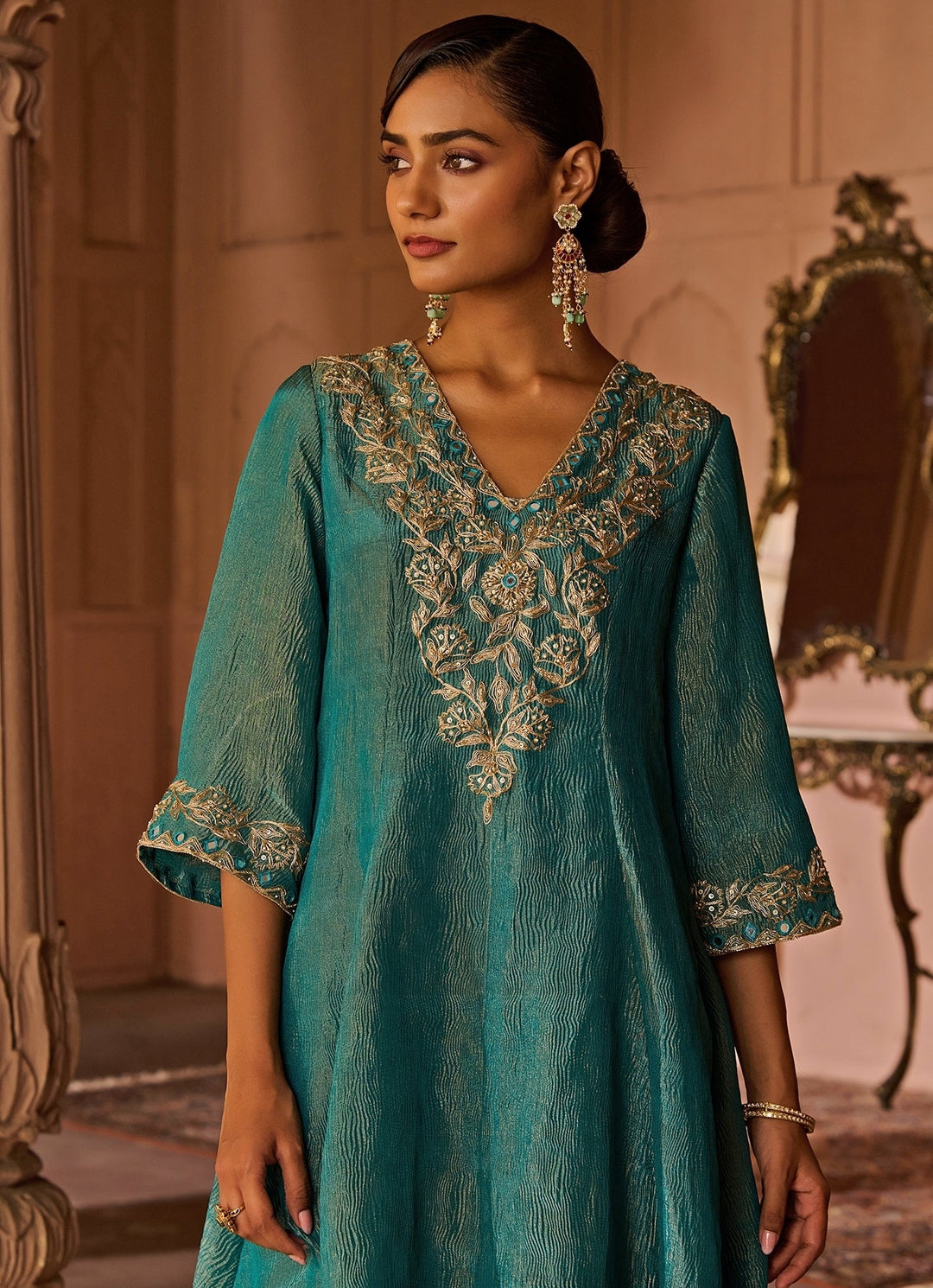 Peacock Blue Embroidered Tissue Kurta Set Zoon Tribe - Fabilicious Fashion