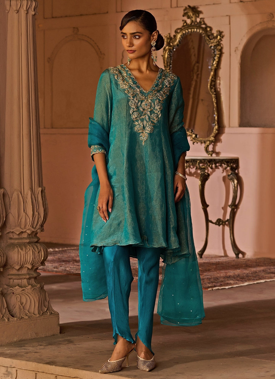 Peacock Blue Embroidered Tissue Kurta Set Zoon Tribe - Fabilicious Fashion