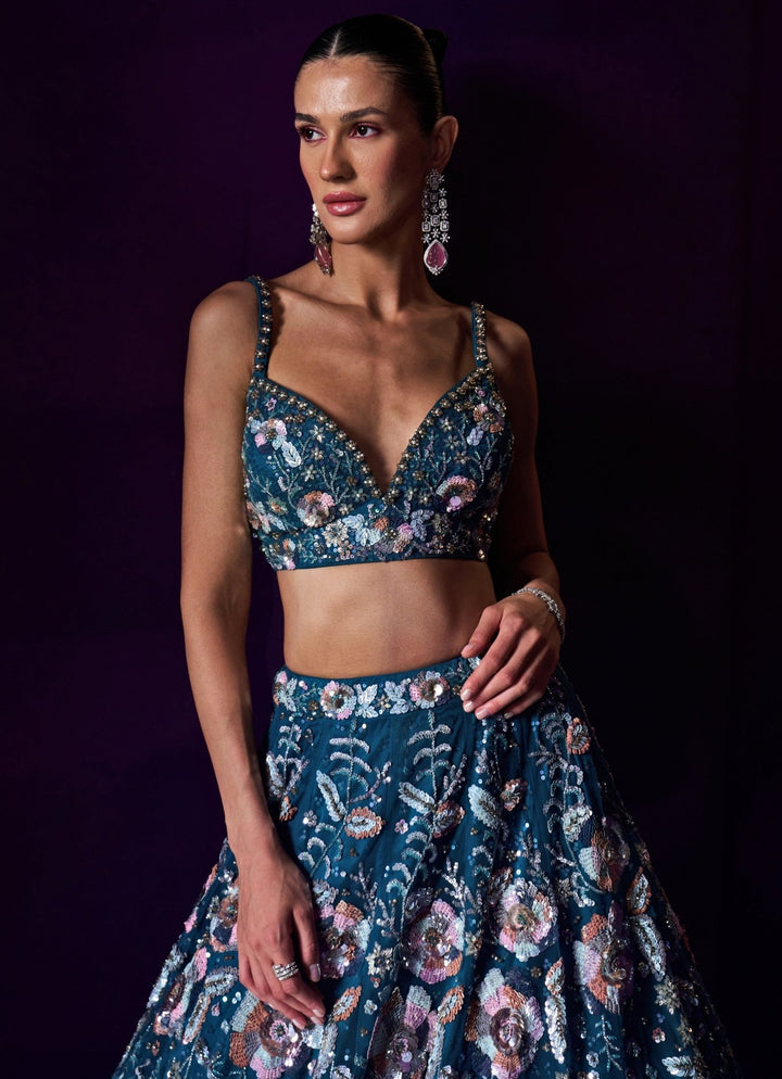 Peacock Blue Sequins Embroidered Bridal Lehenga Set Angad Singh - Fabilicious Fashion