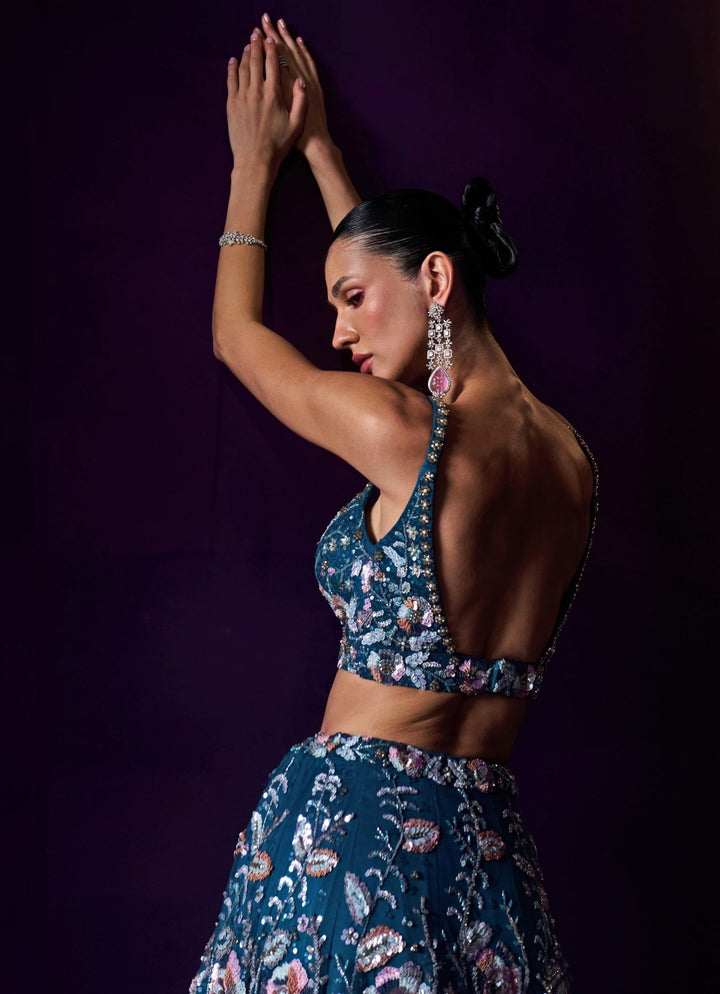 Peacock Blue Sequins Embroidered Bridal Lehenga Set Angad Singh - Fabilicious Fashion