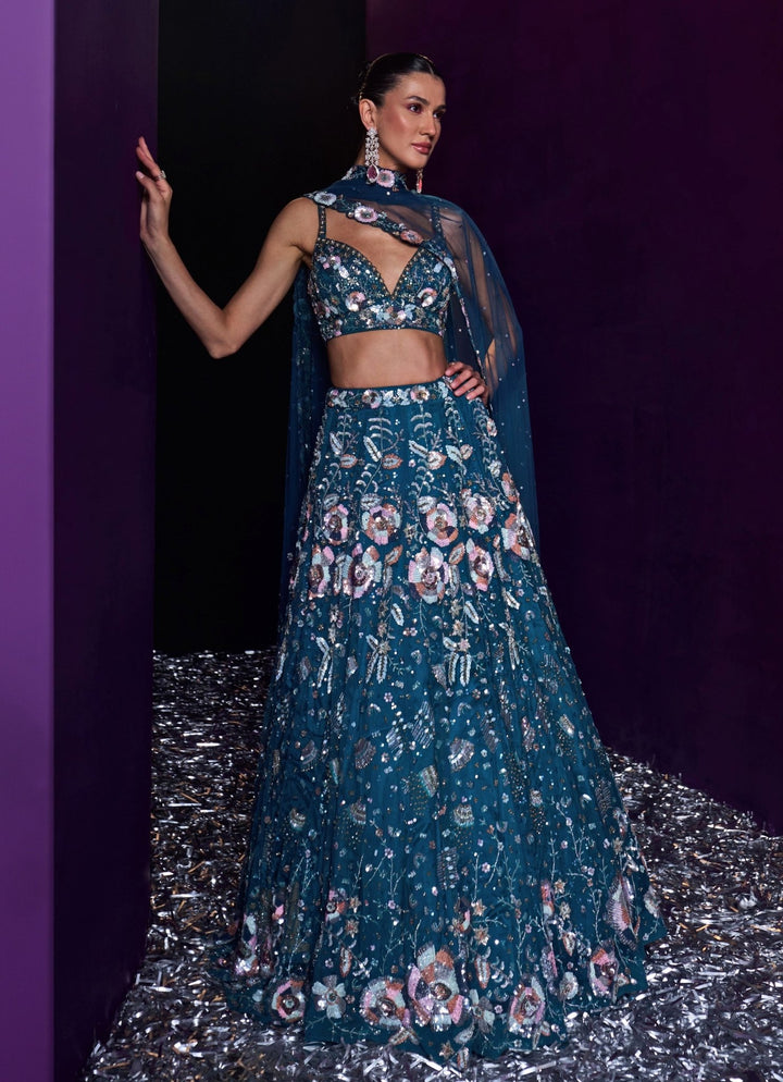 Peacock Blue Sequins Embroidered Bridal Lehenga Set Angad Singh - Fabilicious Fashion