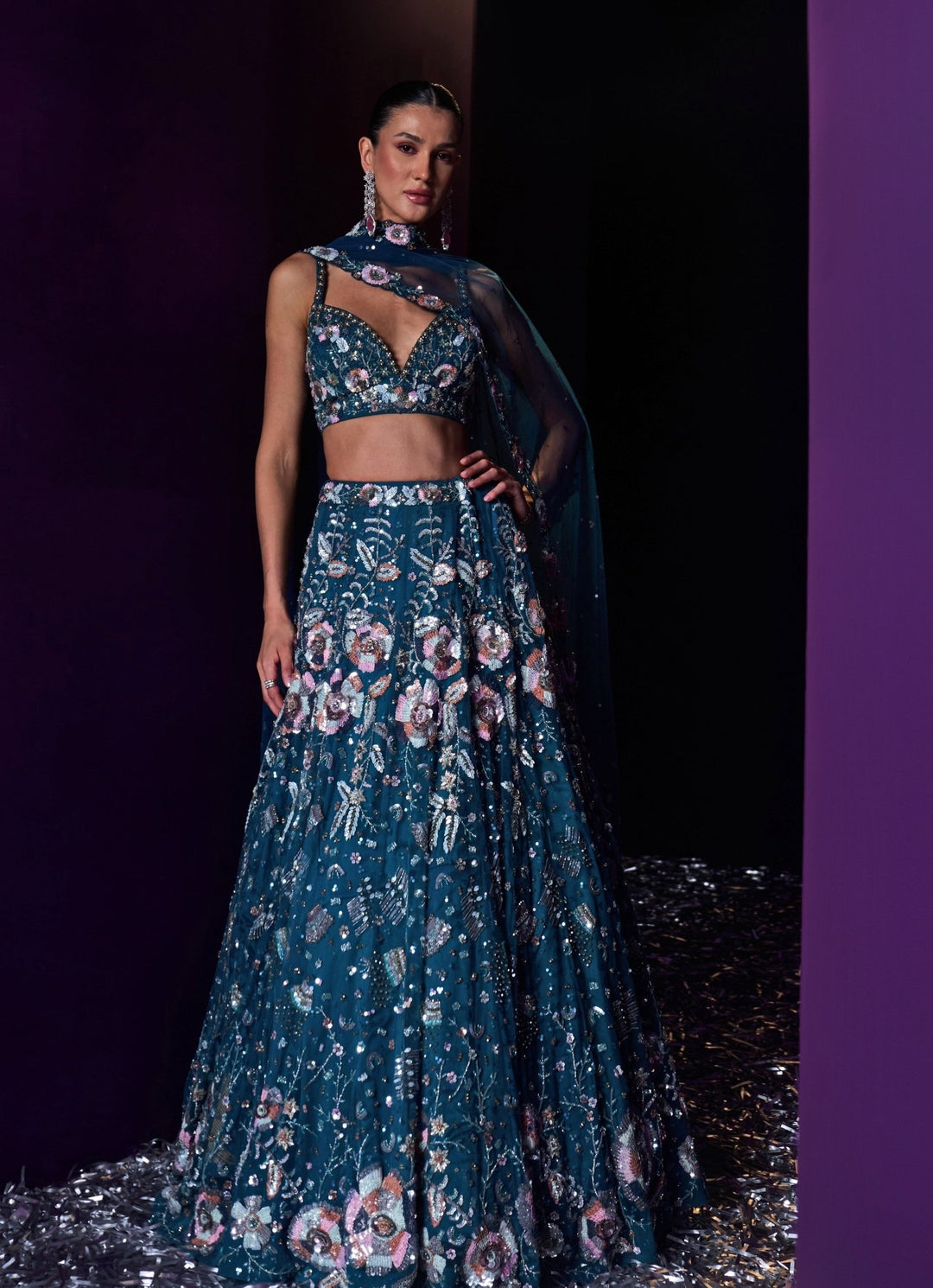 Peacock Blue Sequins Embroidered Bridal Lehenga Set Angad Singh - Fabilicious Fashion