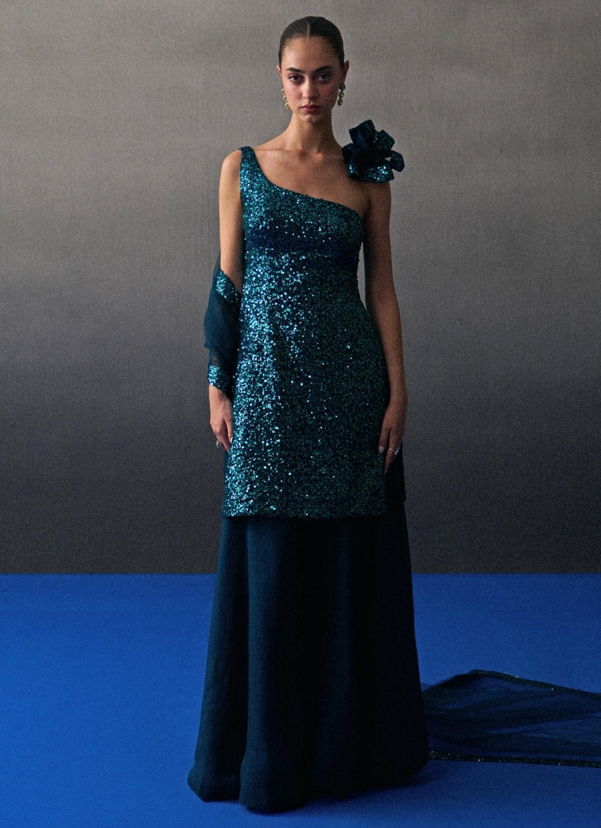 Peacock blue sequins embroidered kurta sharara by Angad Singh — Sangeet outfit for UK weddings