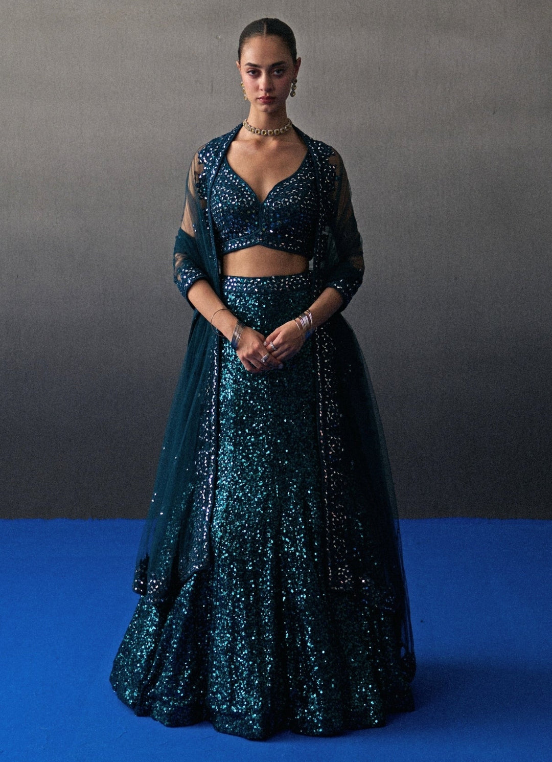 Peacock Blue Sequins Embroidered Mermaid Lehenga Angad Singh - Fabilicious Fashion