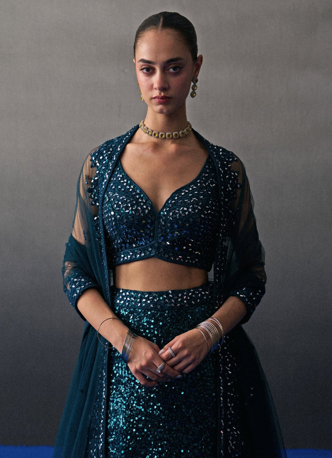 Peacock Blue Sequins Embroidered Mermaid Lehenga Angad Singh - Fabilicious Fashion