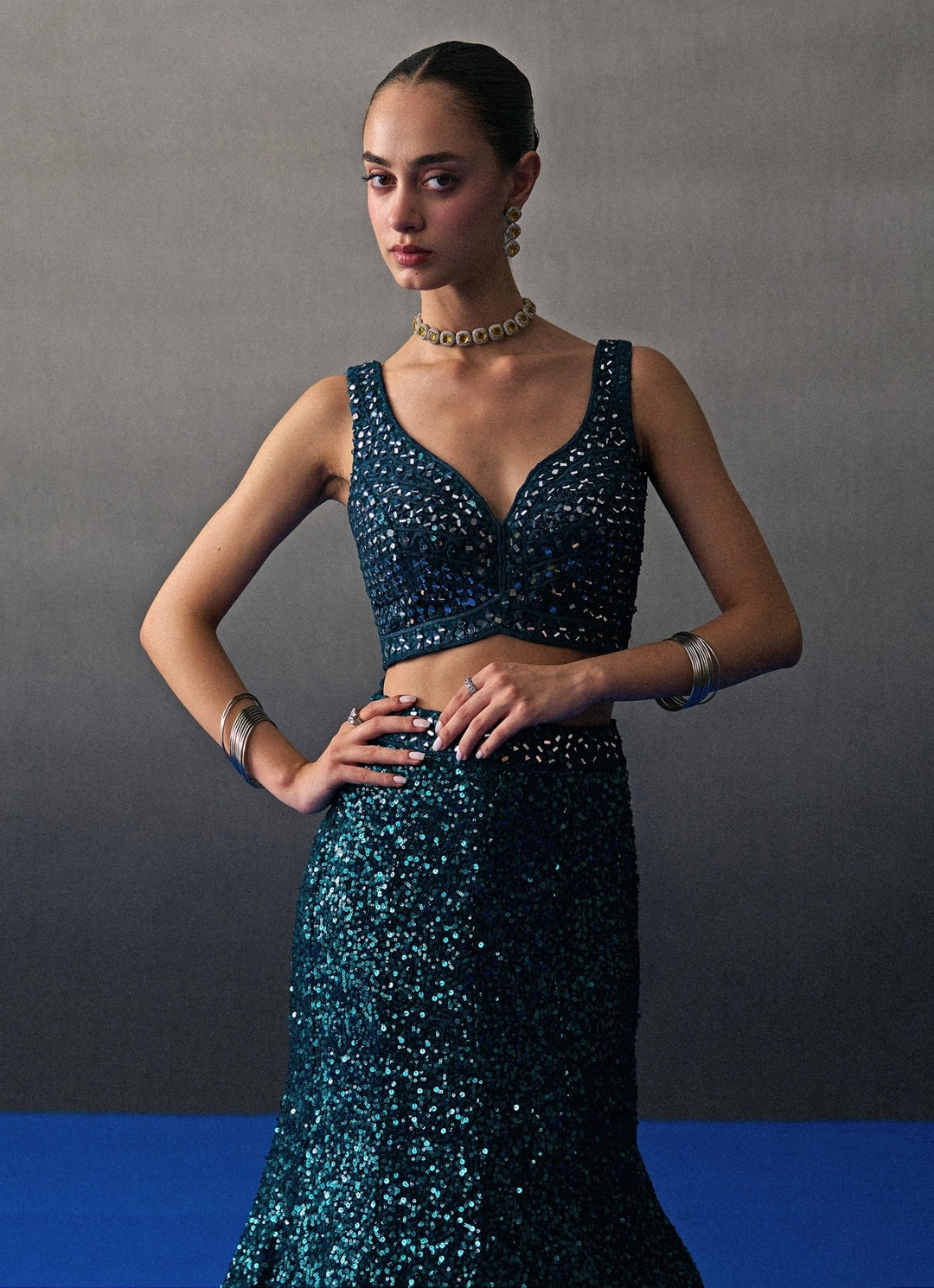 Peacock Blue Sequins Embroidered Mermaid Lehenga Angad Singh - Fabilicious Fashion