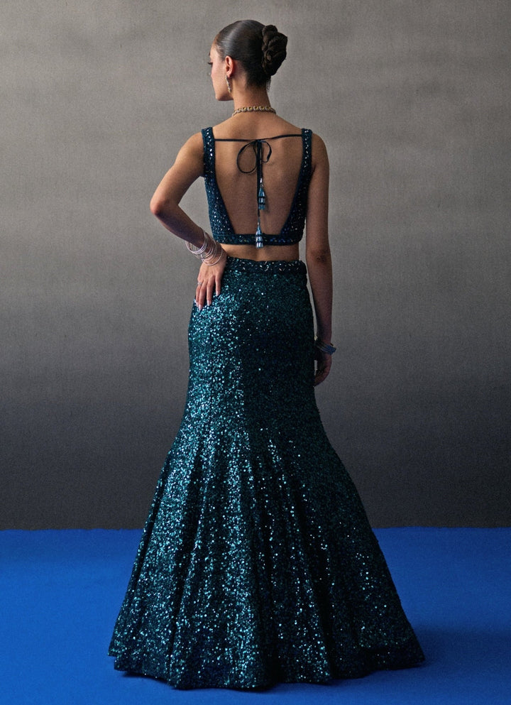 Peacock Blue Sequins Embroidered Mermaid Lehenga Angad Singh - Fabilicious Fashion