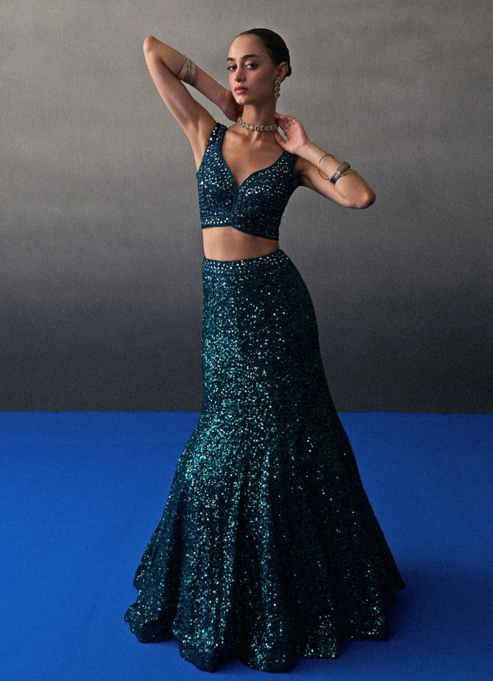 Peacock Blue Sequins Embroidered Mermaid Lehenga Angad Singh - Fabilicious Fashion