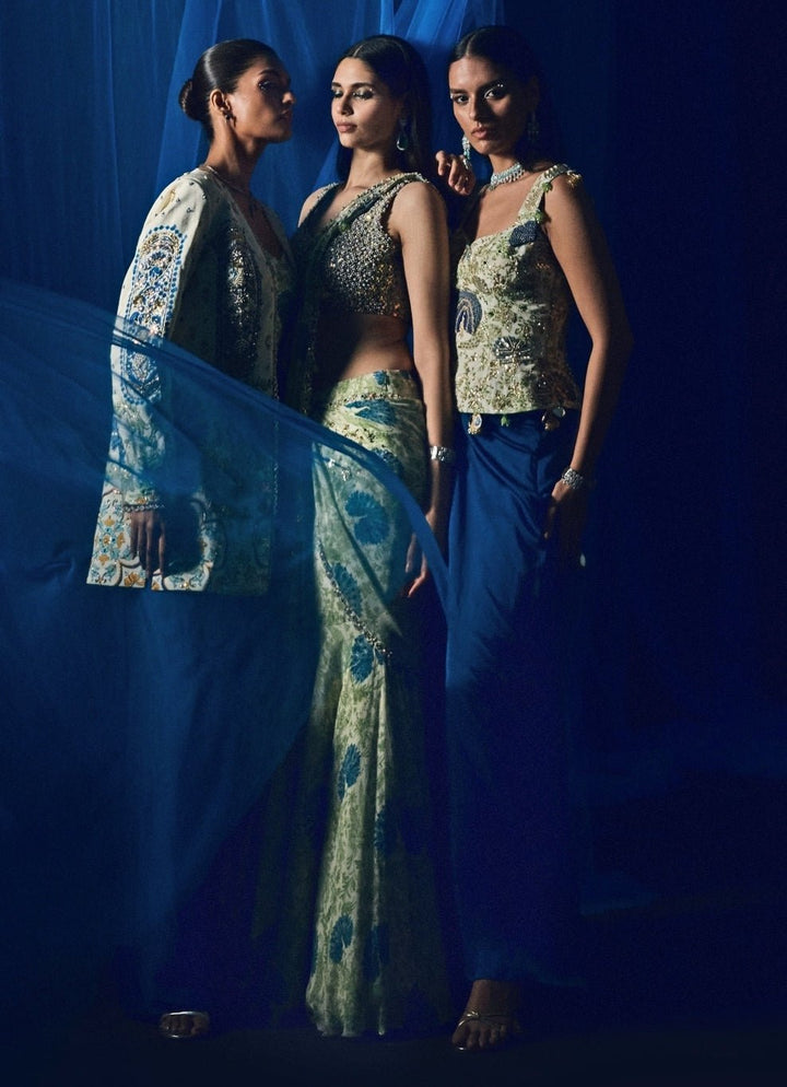 Peacock Blue Silk Cowl Skirt With Green Printed Corset Juhi Bengani - Fabilicious Fashion