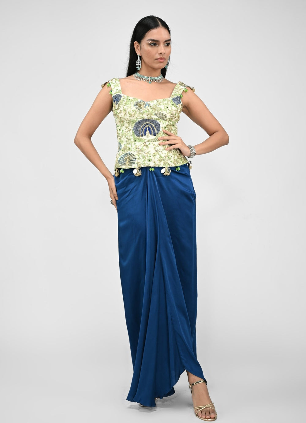 Peacock Blue Silk Cowl Skirt With Green Printed Corset Juhi Bengani - Fabilicious Fashion