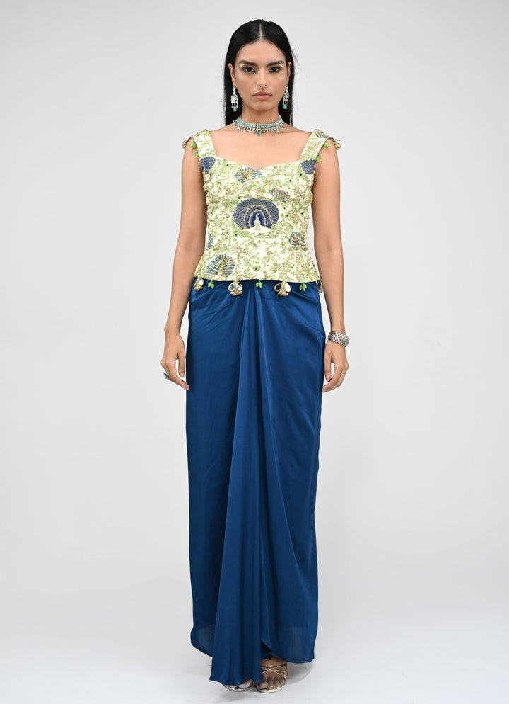 Peacock Blue Silk Cowl Skirt With Green Printed Corset Juhi Bengani - Fabilicious Fashion