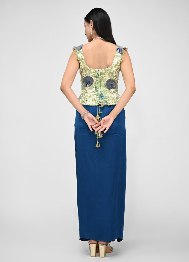 Peacock Blue Silk Cowl Skirt With Green Printed Corset Juhi Bengani - Fabilicious Fashion