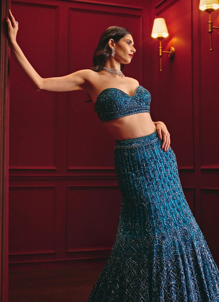 Peacock Blue Soft Net Mermaid Lehenga Angad Singh - Fabilicious Fashion