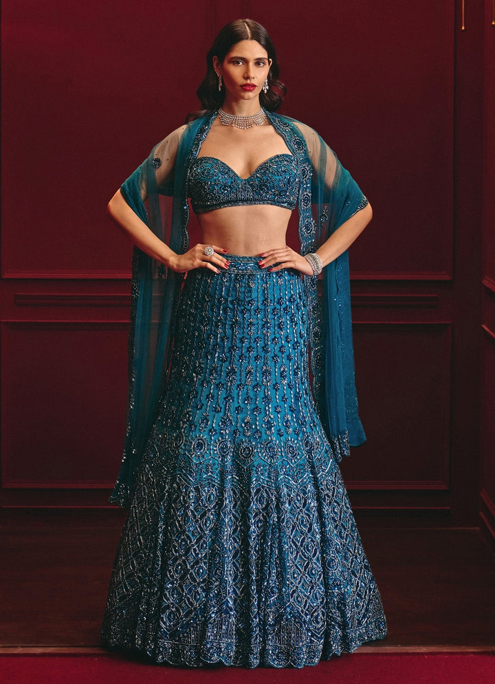 Peacock Blue Soft Net Mermaid Lehenga Angad Singh - Fabilicious Fashion