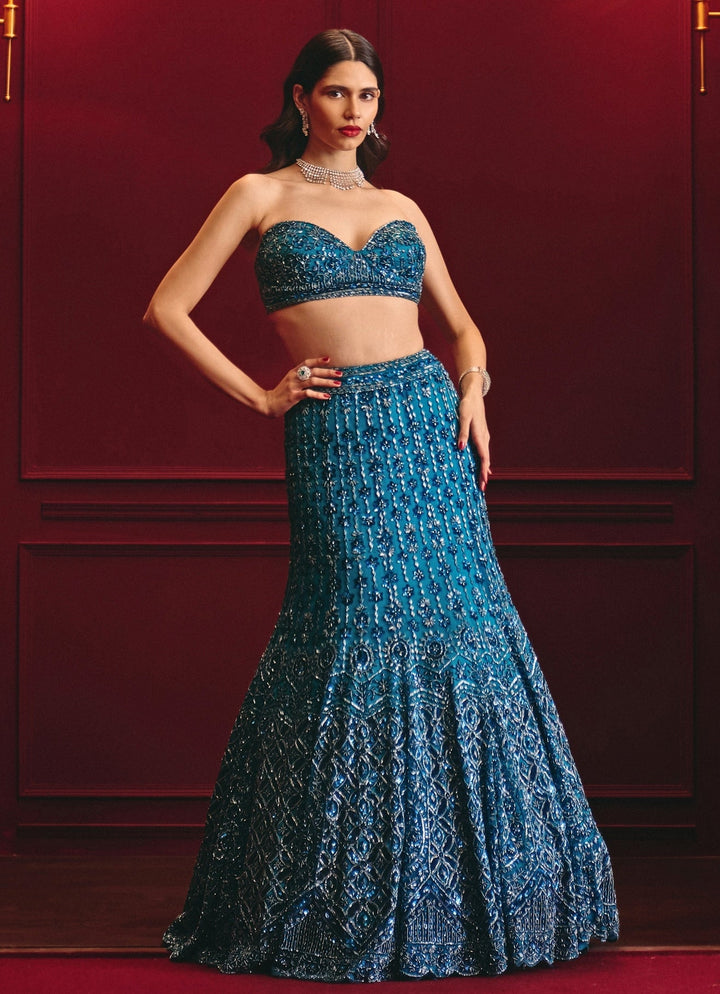 Peacock Blue Soft Net Mermaid Lehenga Angad Singh - Fabilicious Fashion