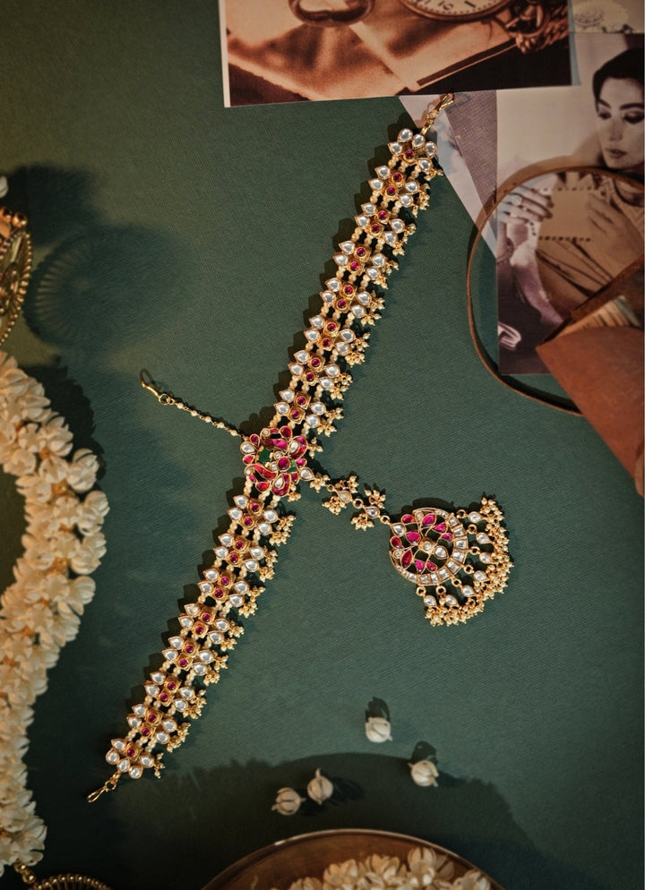 Peacock Motif Pink And Green Matte Gold Mathapatti Riana Jewellery - Fabilicious Fashion