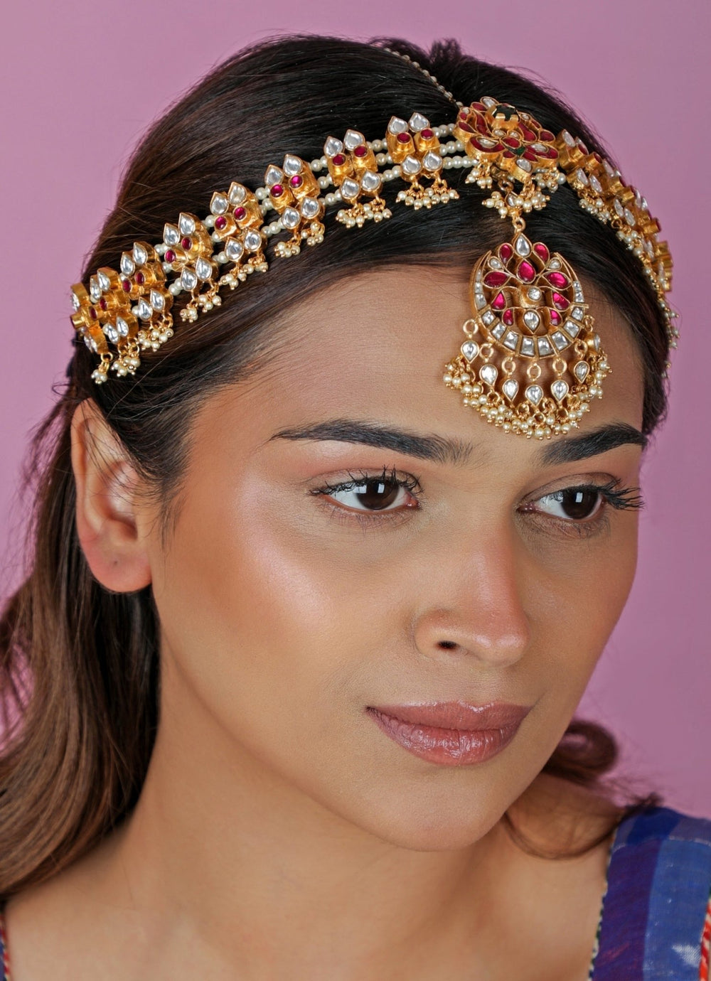 Peacock Motif Pink And Green Matte Gold Mathapatti Riana Jewellery - Fabilicious Fashion