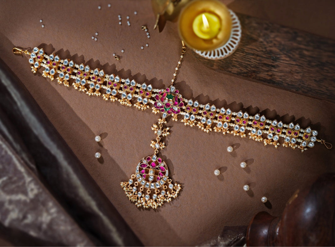 Peacock Motif Pink And Green Matte Gold Mathapatti Riana Jewellery - Fabilicious Fashion
