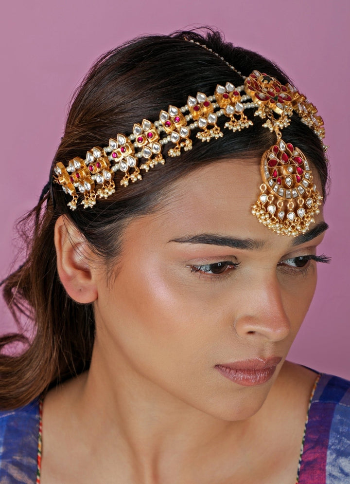 Peacock Motif Pink And Green Matte Gold Mathapatti Riana Jewellery - Fabilicious Fashion