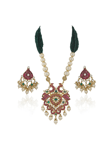 Peacock Pendant Set in Pink and Green Hues Riana by Shikha Jindal - Fabilicious Fashion