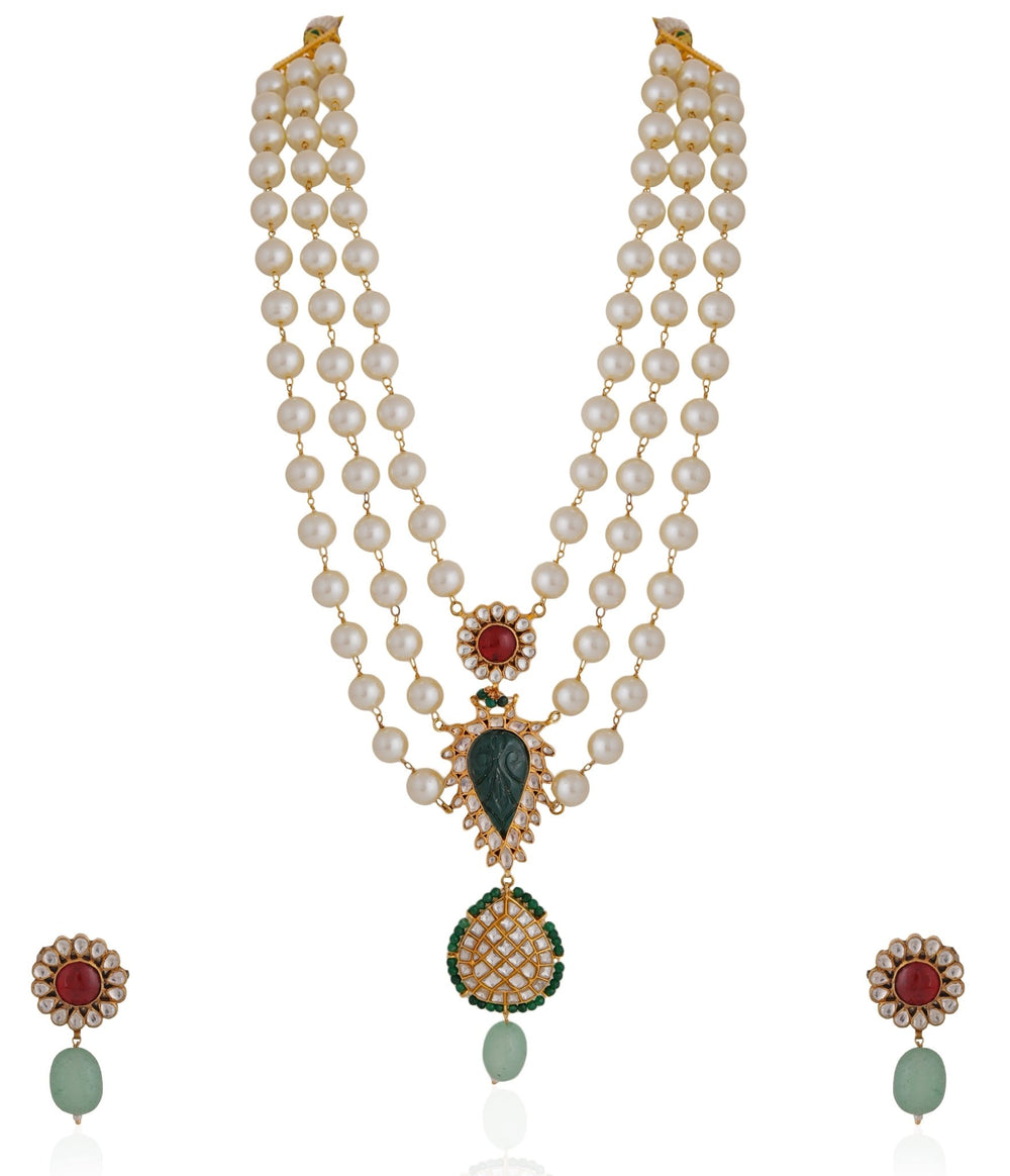 Pearl And Emerald Beaded Necklace Set Riana by Shikha Jindal - Fabilicious Fashion