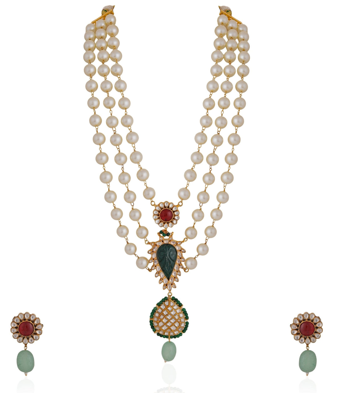 Pearl And Emerald Beaded Necklace Set Riana by Shikha Jindal - Fabilicious Fashion