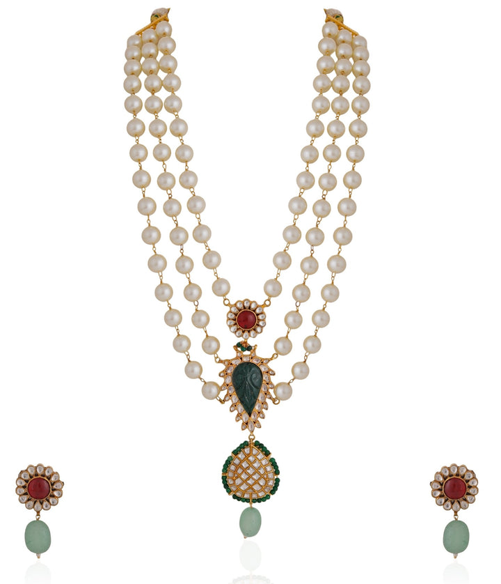 Pearl And Emerald Beaded Necklace Set Riana by Shikha Jindal - Fabilicious Fashion
