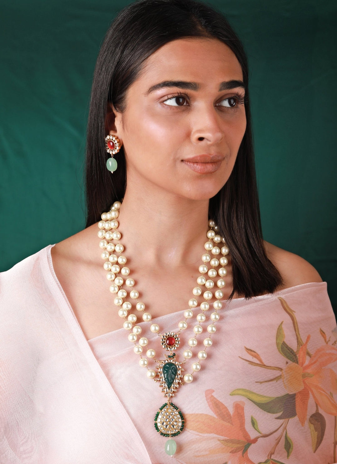 Pearl And Emerald Beaded Necklace Set Riana by Shikha Jindal - Fabilicious Fashion