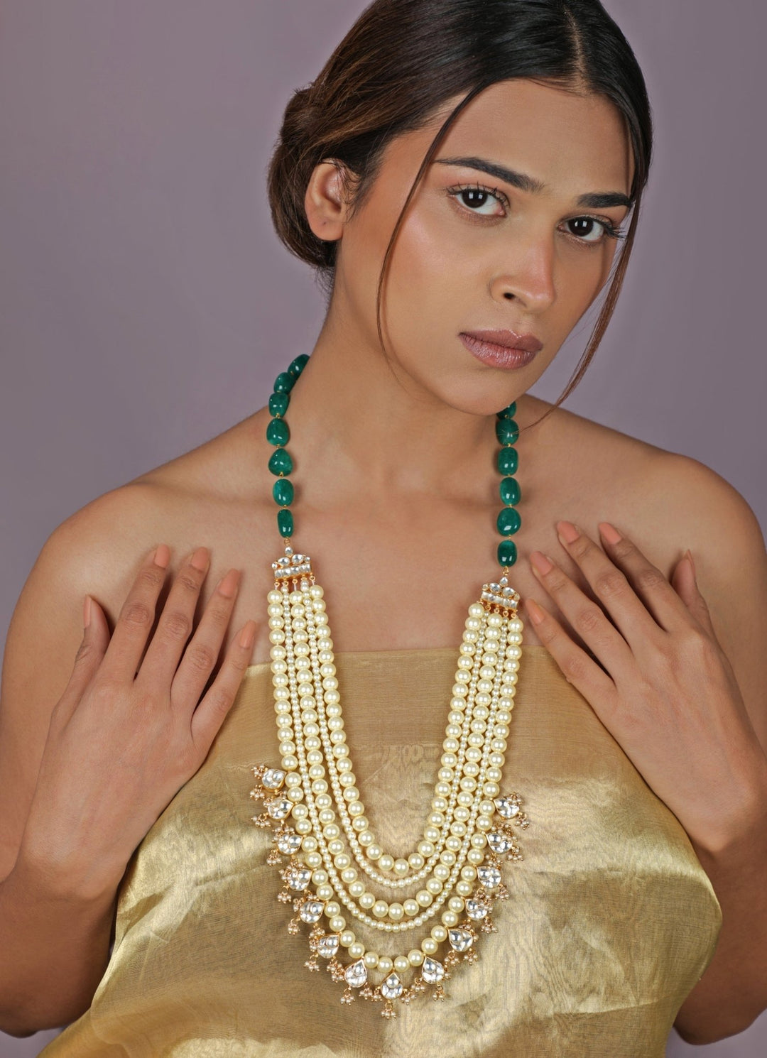 Riana Jewellery Pearl And Emerald Green Beaded MaalaFabilicious Fashion