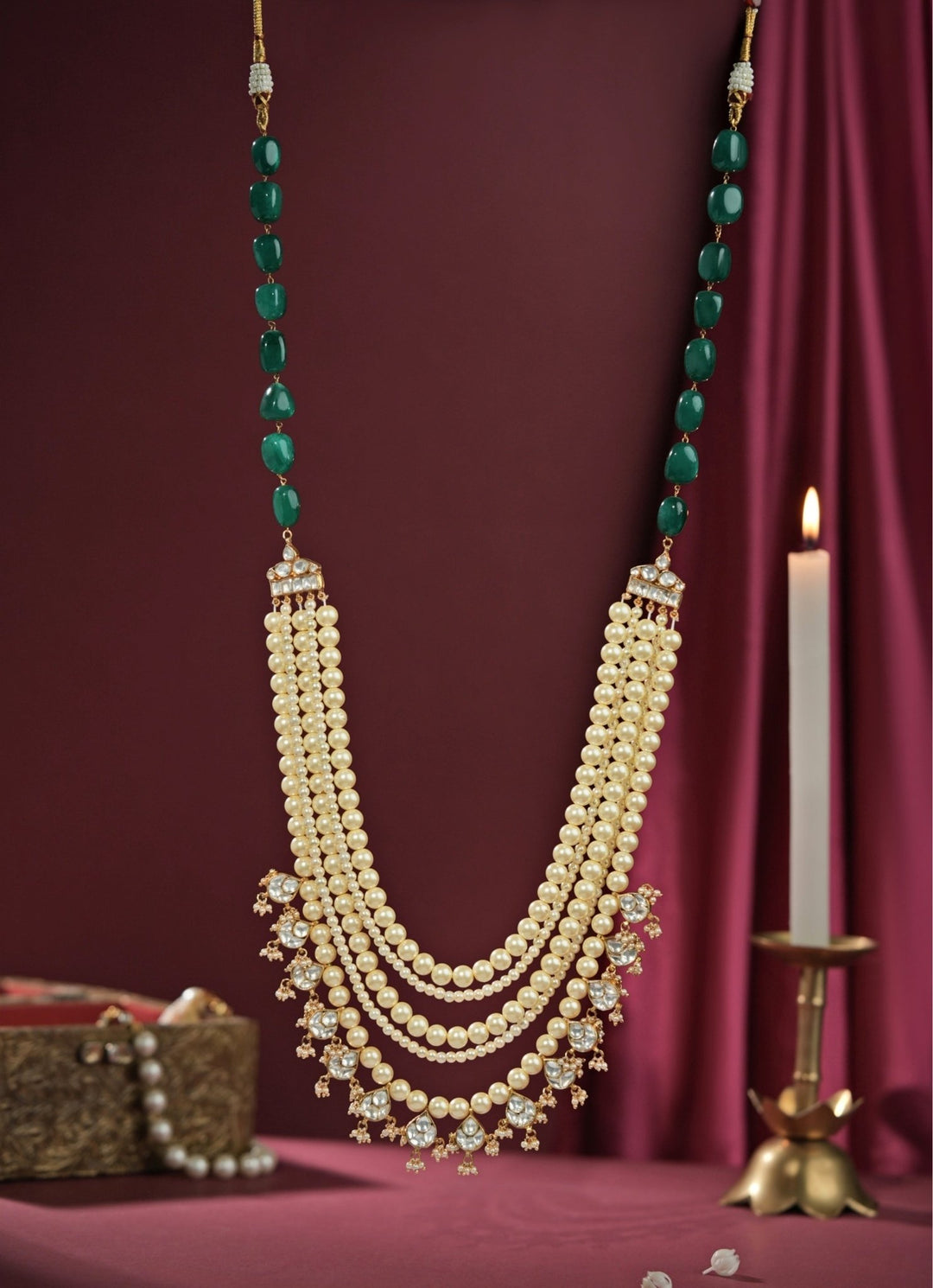 Riana Jewellery Pearl And Emerald Green Beaded MaalaFabilicious Fashion