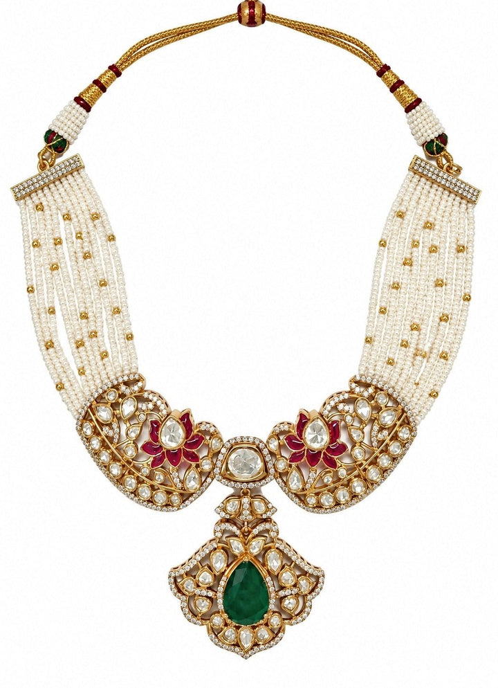 Vivinia By Vidhi Mehra Pearl And Emerald Moissanite Polki Choker SetFabilicious Fashion