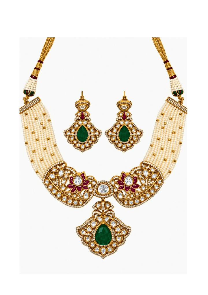 Vivinia By Vidhi Mehra Pearl And Emerald Moissanite Polki Choker SetFabilicious Fashion