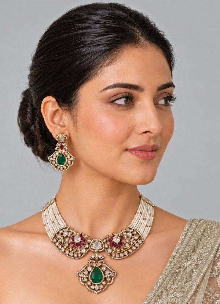 Vivinia By Vidhi Mehra Pearl And Emerald Moissanite Polki Choker SetFabilicious Fashion