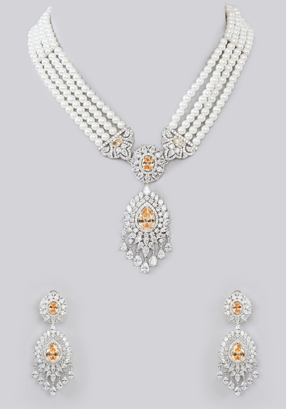 Pearl And Faux Diamond Set With Peach Stones Zevar by Geeta - Fabilicious Fashion