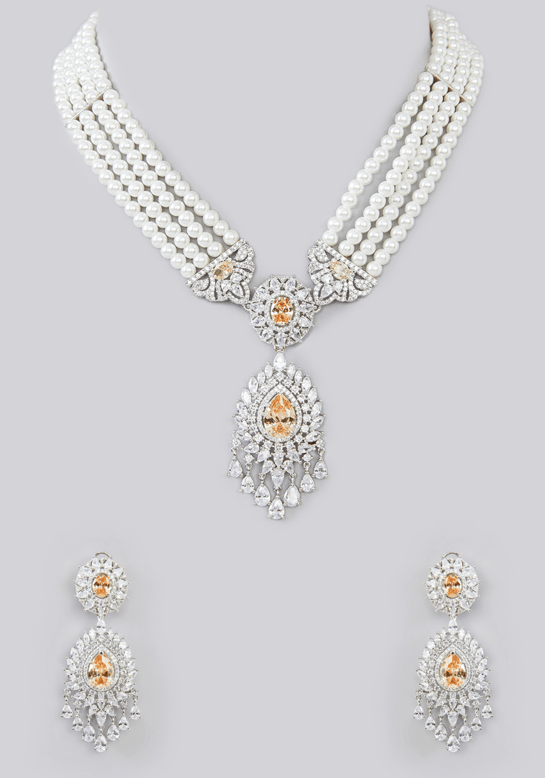 Pearl And Faux Diamond Set With Peach Stones Zevar by Geeta - Fabilicious Fashion