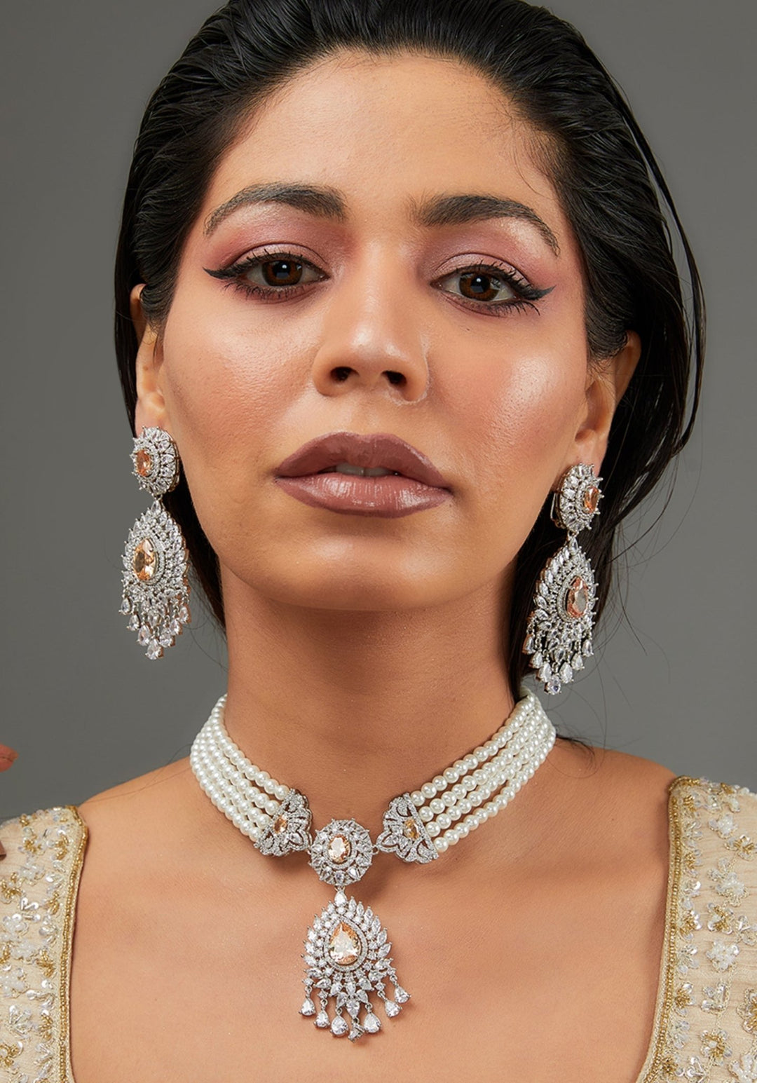 Pearl And Faux Diamond Set With Peach Stones Zevar by Geeta - Fabilicious Fashion