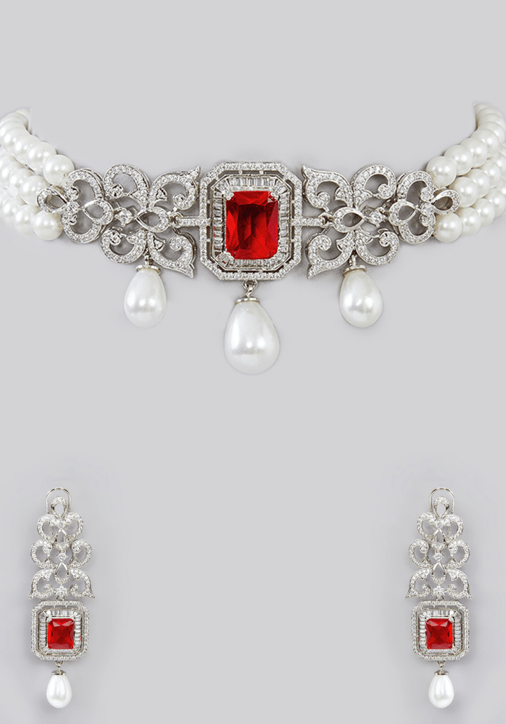 Pearl And Faux Diamond Set With Red Stones Zevar by Geeta - Fabilicious Fashion