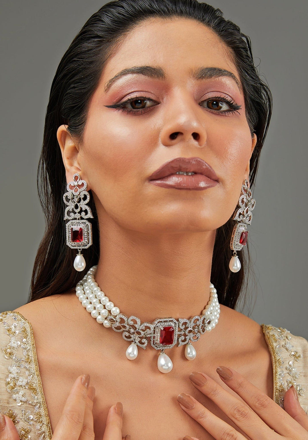 Pearl And Faux Diamond Set With Red Stones Zevar by Geeta - Fabilicious Fashion
