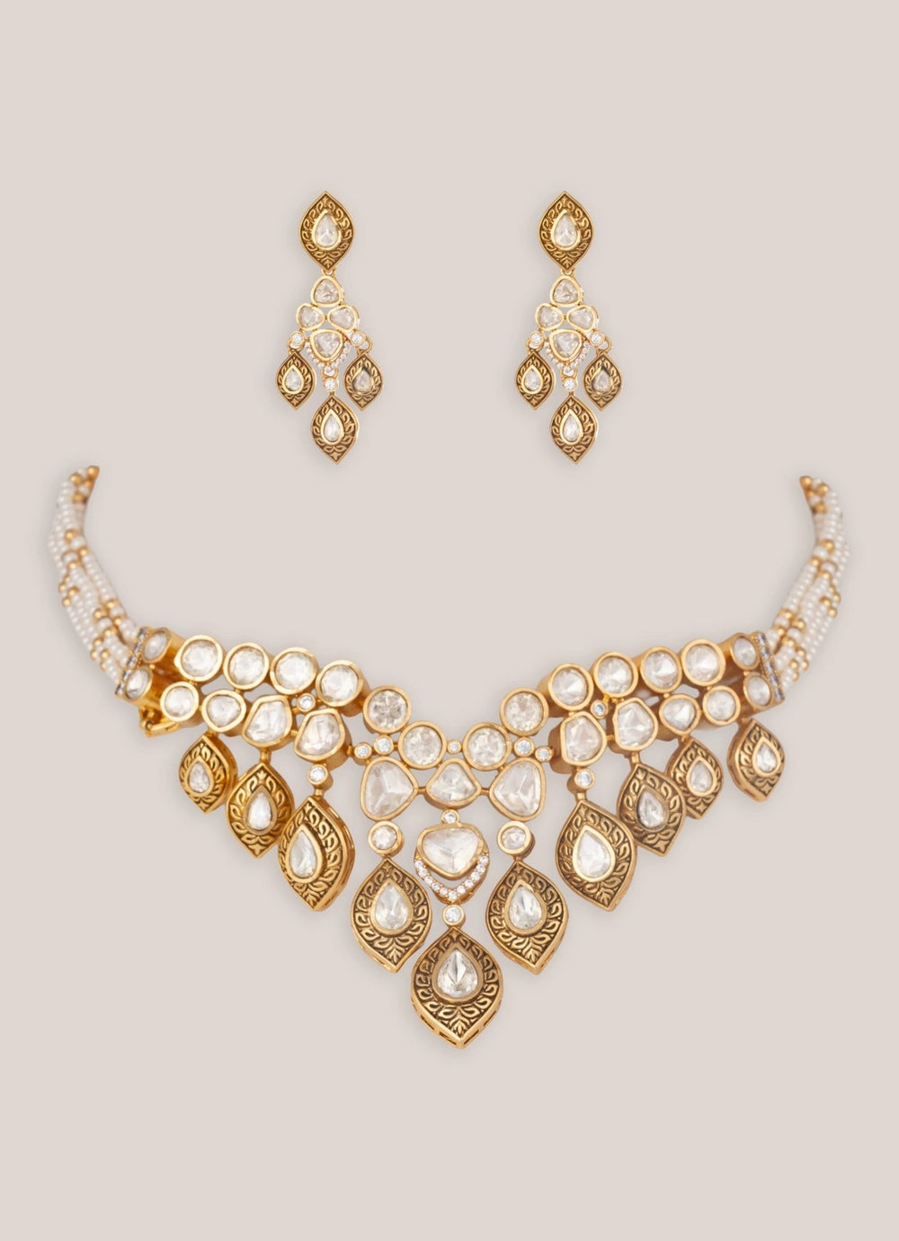 Zevar by Geeta Pearl And Gold Finish Moissanite Choker SetFabilicious Fashion