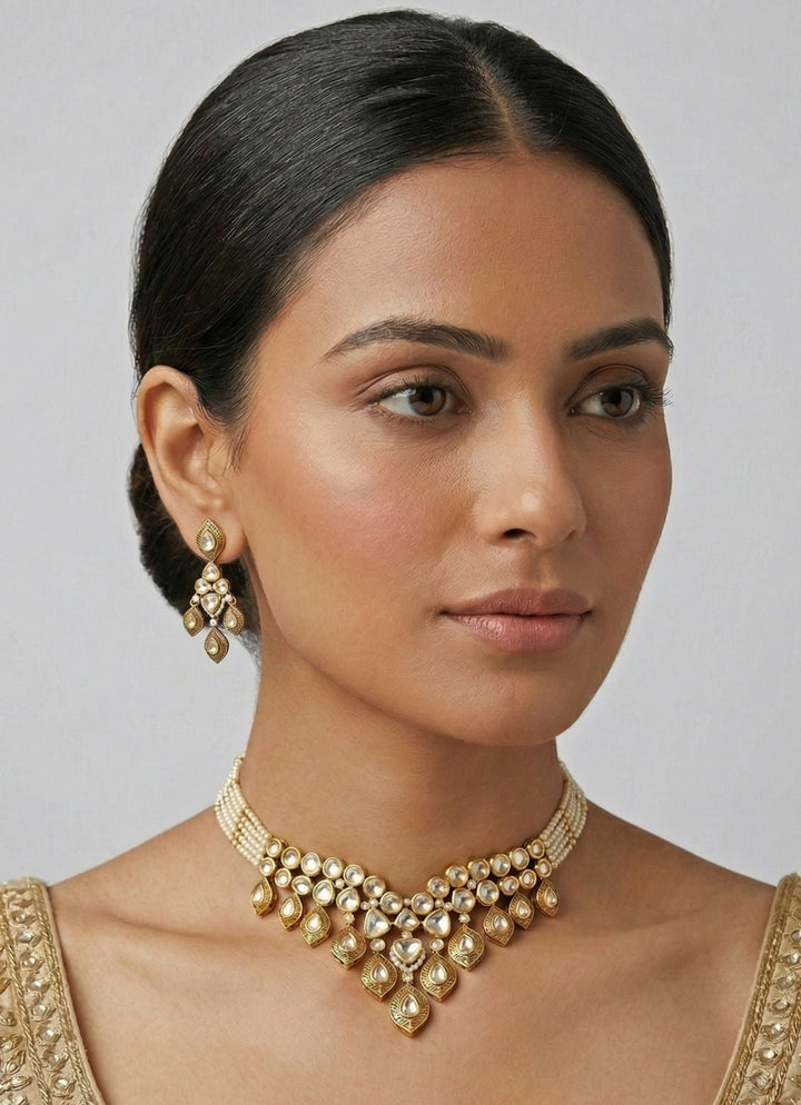 Zevar by Geeta Pearl And Gold Finish Moissanite Choker SetFabilicious Fashion