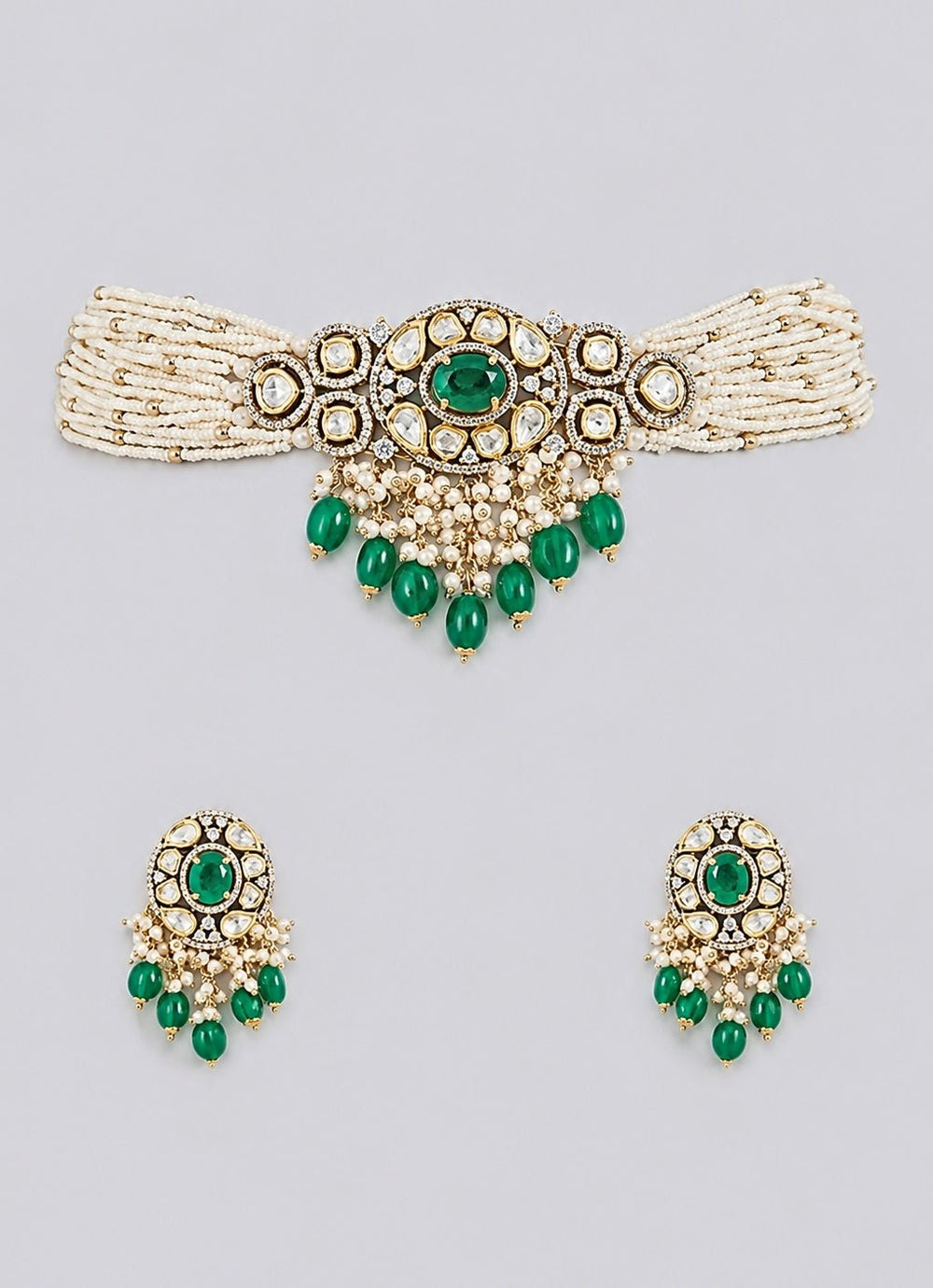 Zevar by Geeta Pearl And Green Kundan Choker SetFabilicious Fashion