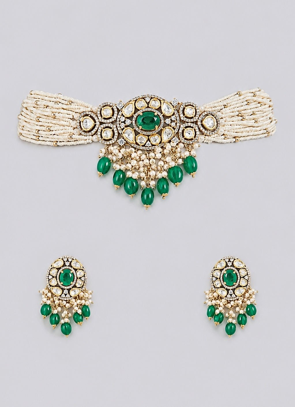 Zevar by Geeta Pearl And Green Kundan Choker SetFabilicious Fashion