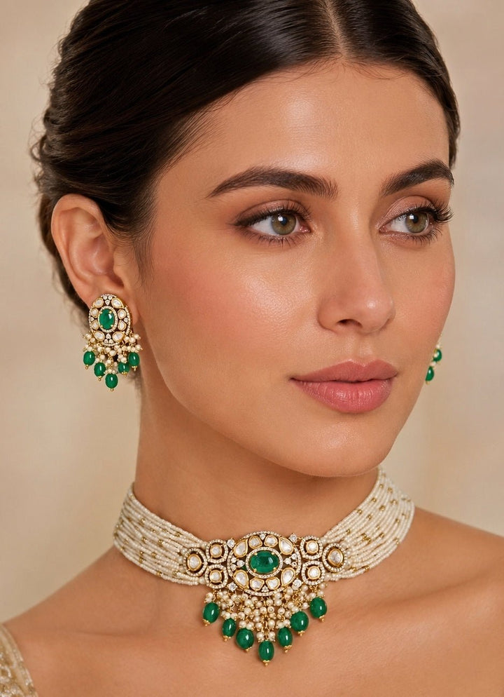 Zevar by Geeta Pearl And Green Kundan Choker SetFabilicious Fashion