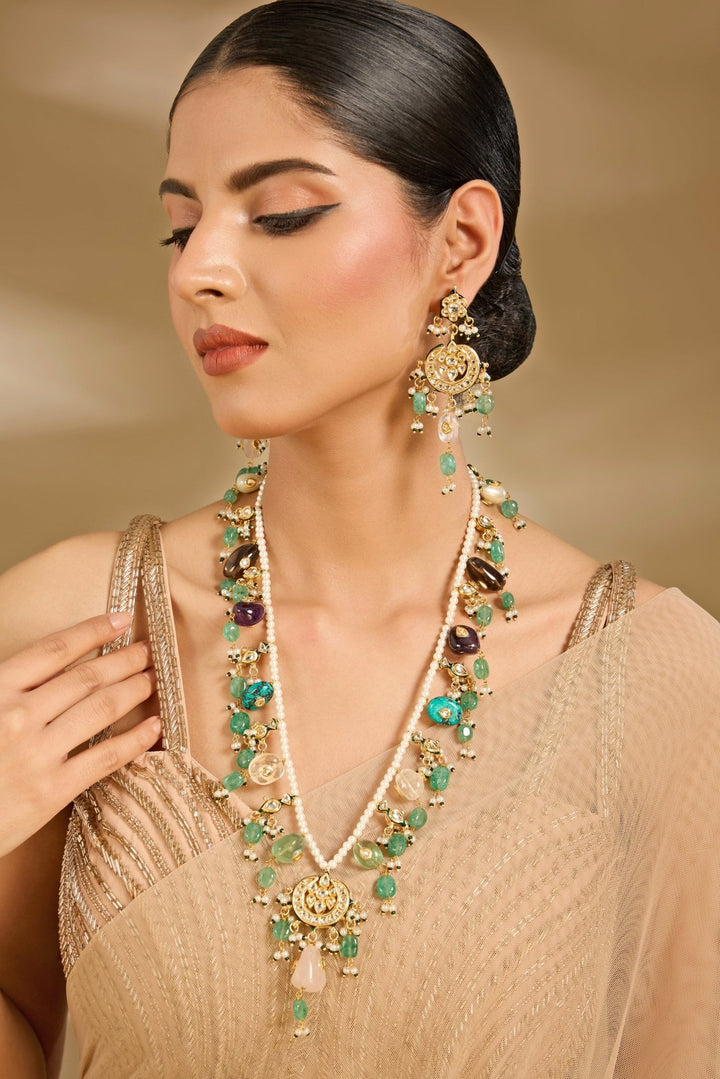 Pearl And Green Layered Statement Necklace Set Vivinia By Vidhi Mehra - Fabilicious Fashion