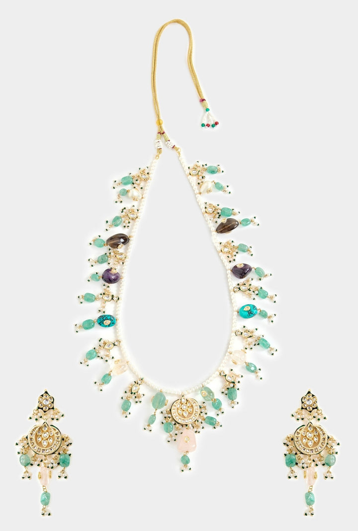 Pearl And Green Layered Statement Necklace Set Vivinia By Vidhi Mehra - Fabilicious Fashion