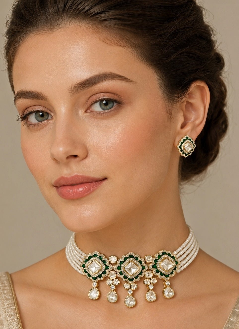 Zevar by Geeta Pearl And Green Meenakari Kundan Choker SetFabilicious Fashion