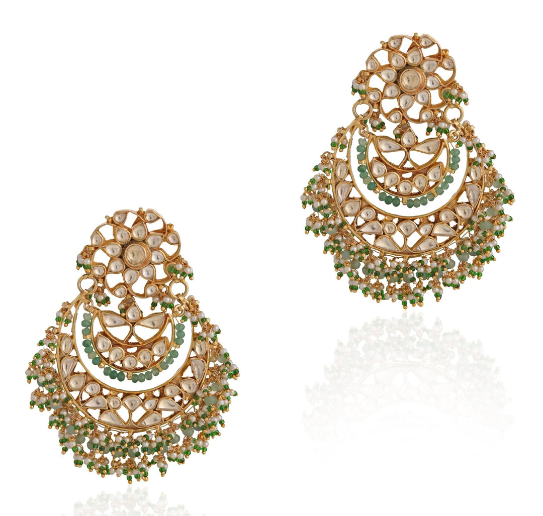 Pearl And Green Stone Chandbali Earrings Riana by Shikha Jindal - Fabilicious Fashion