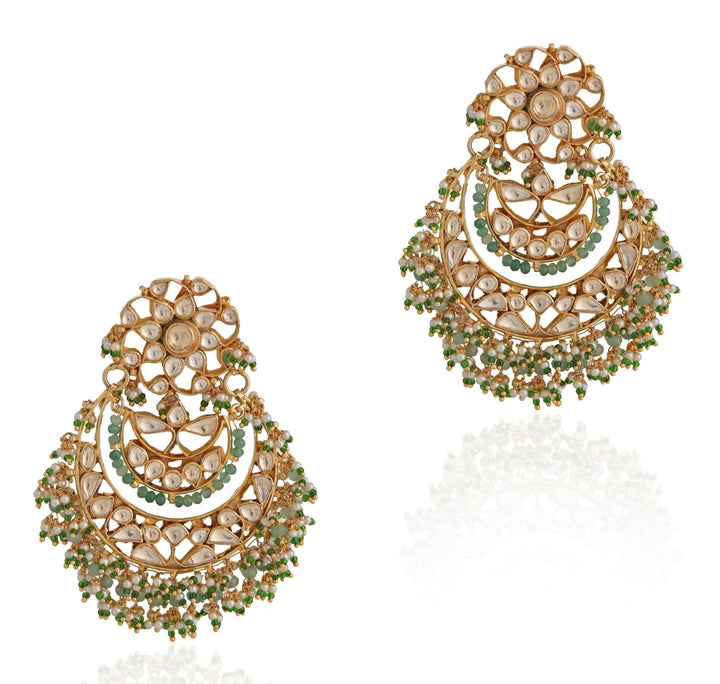 Pearl And Green Stone Chandbali Earrings Riana by Shikha Jindal - Fabilicious Fashion