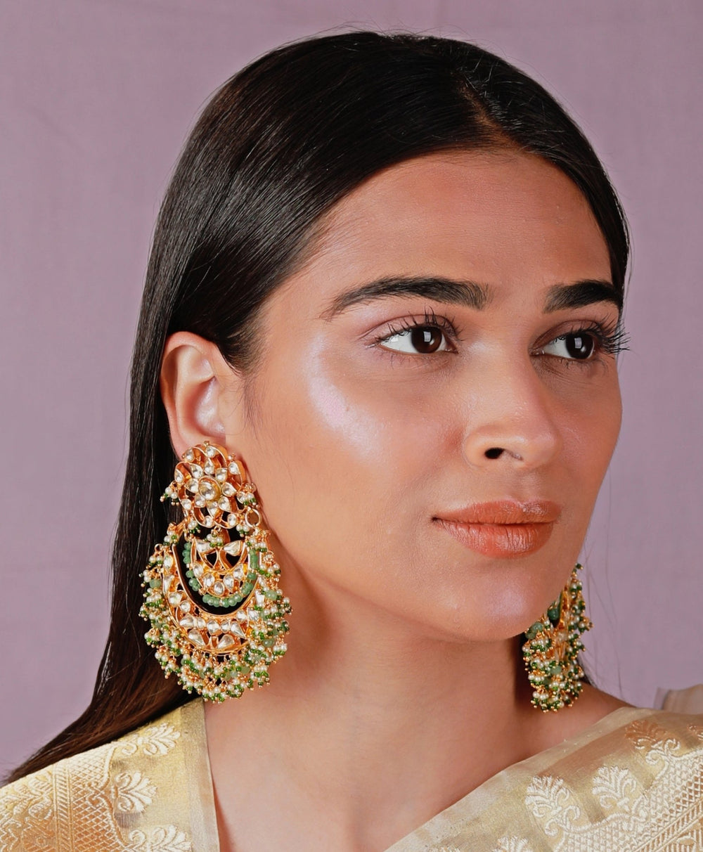 Pearl And Green Stone Chandbali Earrings Riana by Shikha Jindal - Fabilicious Fashion